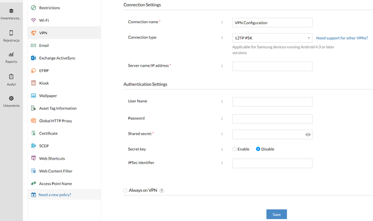 Konfiguracja VPN za pomocą Mobile Device Manager Plus