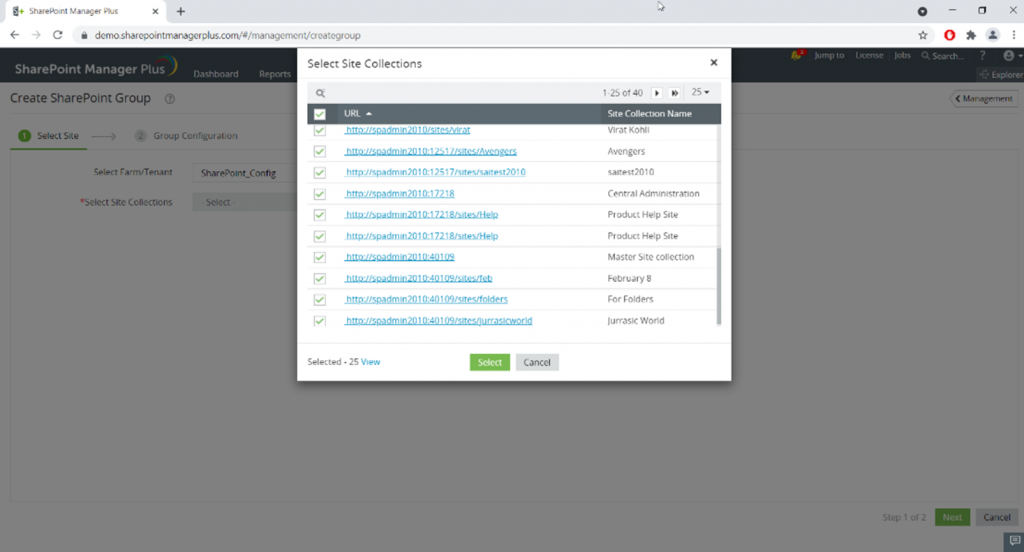 Screenshot narzędzie do zarządzania sharepoint