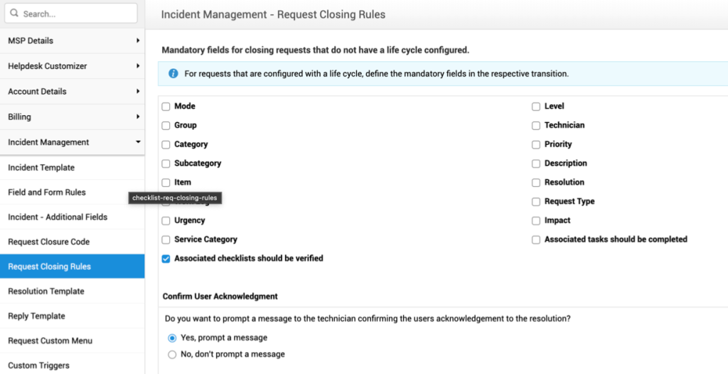 Screenshot Listy kontrolne w ServiceDesk Plus MSP