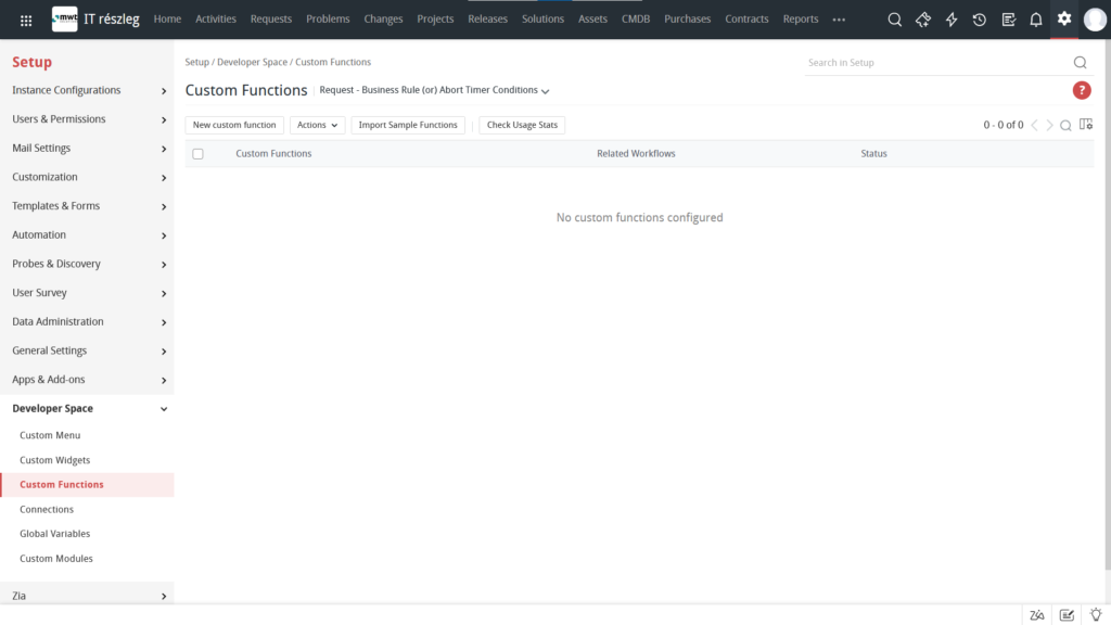 Screenshot widoku strony Custom Functions w ServiceDesk Plus Cloud od ManageEngine