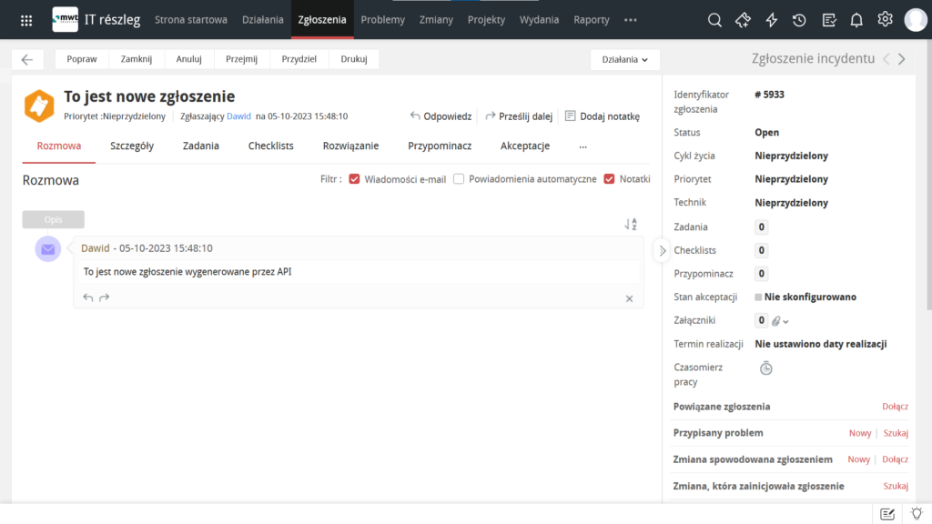 Screenshot widoku strony "To jest nowe zgłoszenie" Custom Functions w ServiceDesk Plus Cloud od ManageEngine