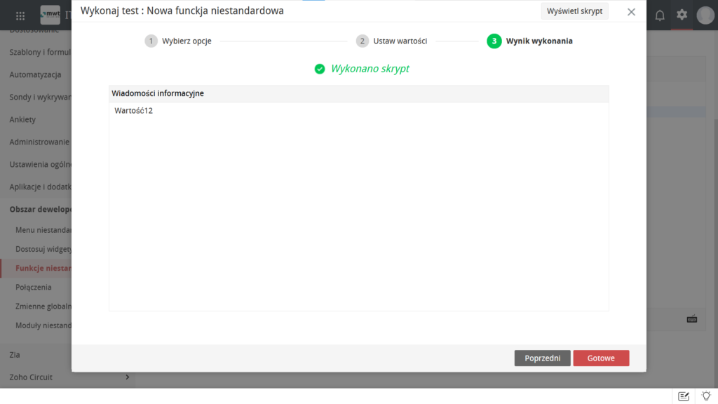 Screenshot widoku strony "Wykonano skrypt" Custom Functions w ServiceDesk Plus Cloud od ManageEngine