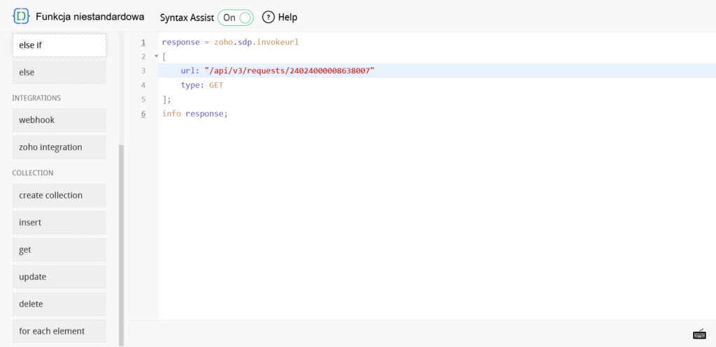 Screenshot widoku wpisywania kodu na stronie Custom Functions w ServiceDesk Plus Cloud od ManageEngine