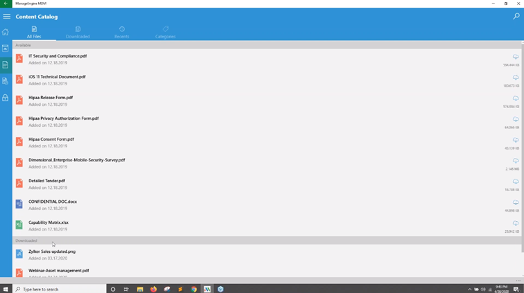 Podgląd folderu Content z dostępnymi plikami dla wszystkich użytkowników daje sieci Mobile Device Manager Plus