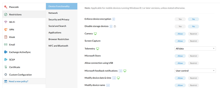 Ustawienia restrykcji w Mobile Device Manager Plus
